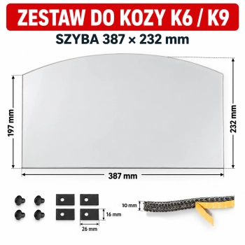 Zestaw szyba do pieca Koza K9 lub K6 z uszczelką śrubami i blaszkami montażowymi